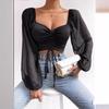 Spring Women's Blouse Low-cut Sexy V-neck Splicing Chiffon Drawstring Lantern Sleeve Slim Tops