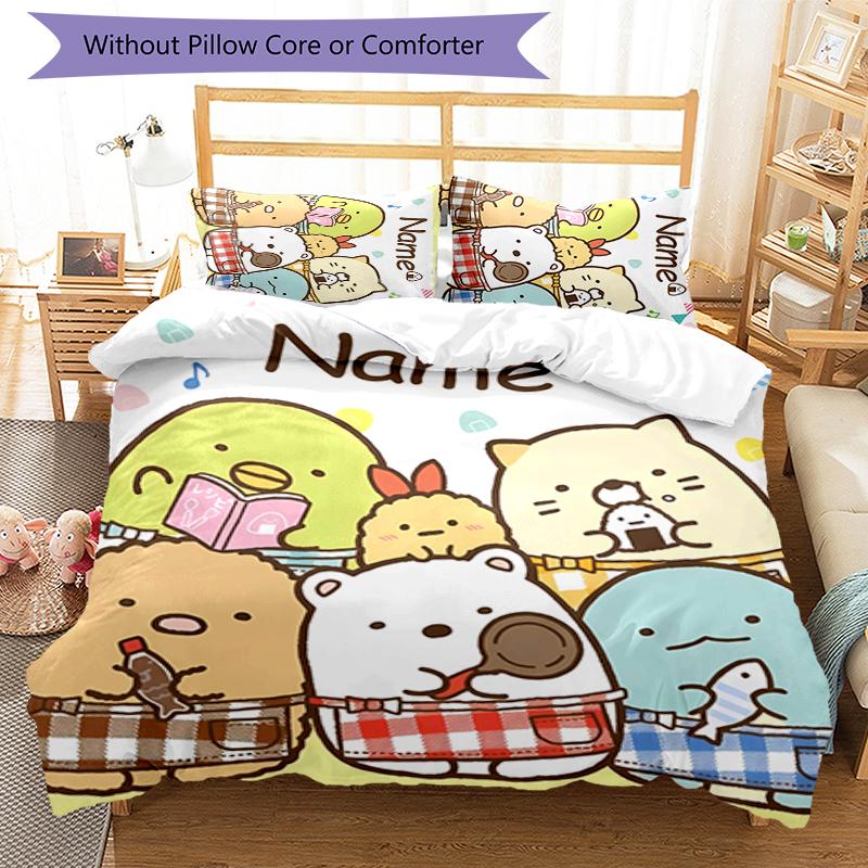 3pcs Custom Name Sumikko Gurashi Bedding Set Duvet Cover Closure Includes 1 Duvet Cover & 2 Pillowcases for All Seasons Bedroom Decor