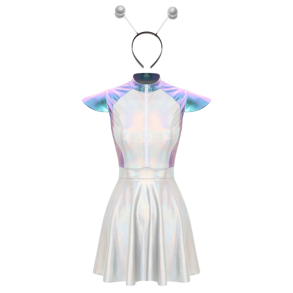 Womens Space Alien Costume Cap Sleeve Cutie Design Outer Space Theme Dress and Hair Hoop