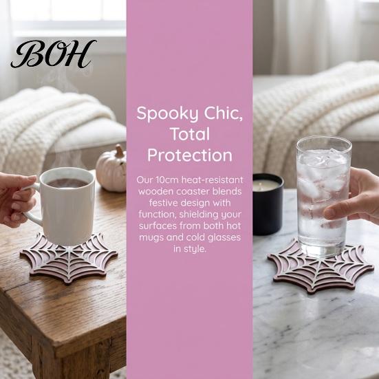 Anti Slip Wood Cup Mats Halloween Spider Web Wooden Coaster, Anti-Slip Mat with Figurine, Retro Home Decor Accessories Thermal Insulated Table