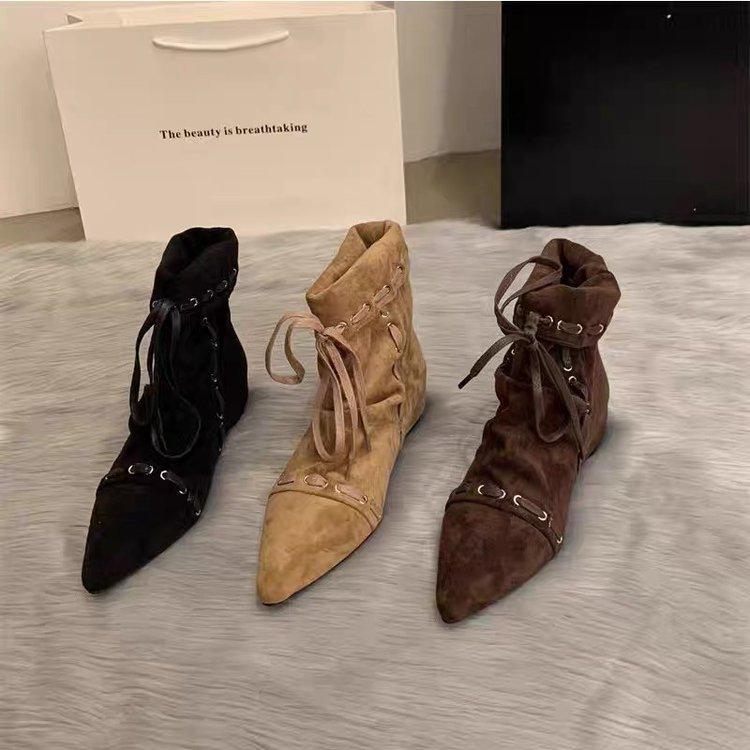 Складные остроносые короткие сапоги женские на плоской подошве с ремешками 2025 лето и осень новые ретро нишевые Майяр западные ковбойские сапоги