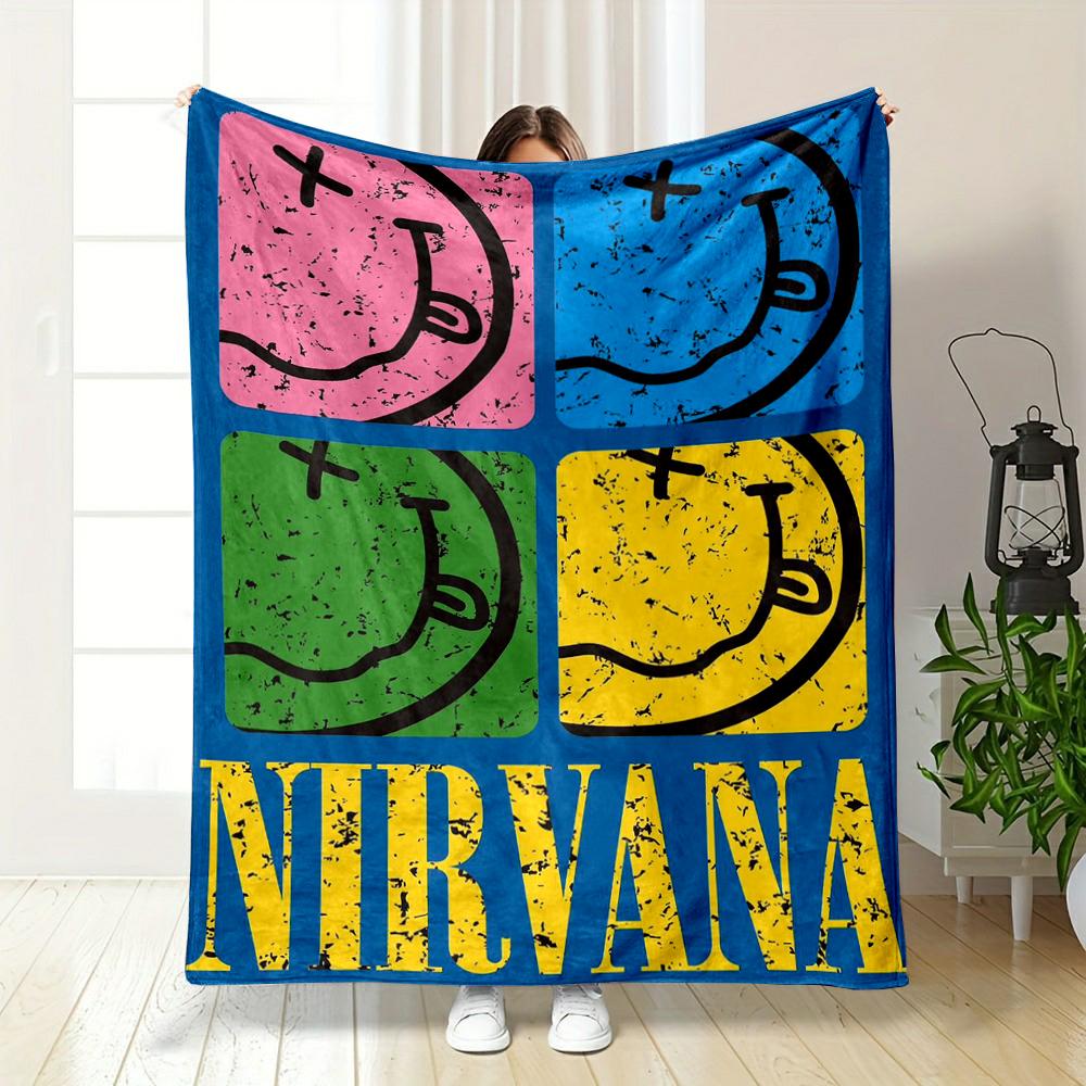 Colorful Nirvana smiley face design printed Flannel blanket for bedroom, living room, sofa, and nap