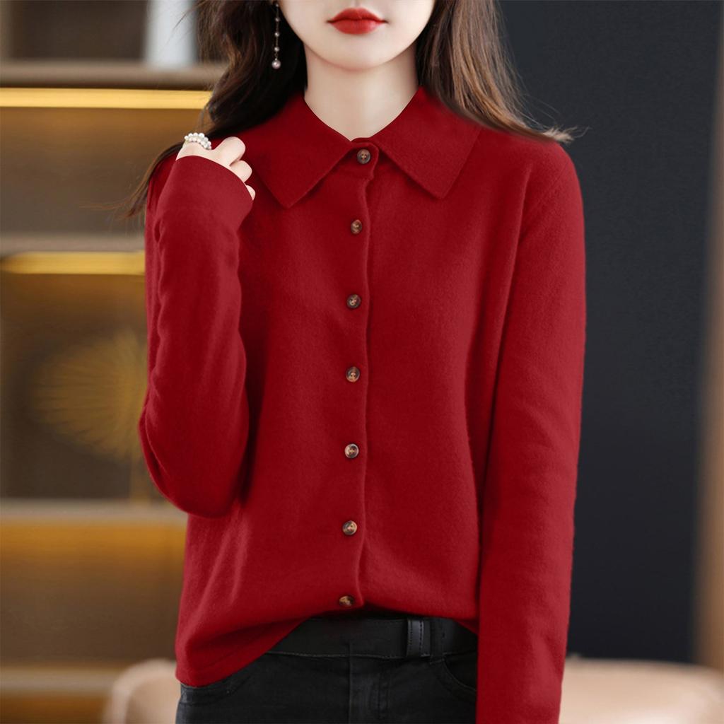 Женский модный повседневный кардиган однотонного цвета свободного кроя с длинными рукавами и отложным воротником