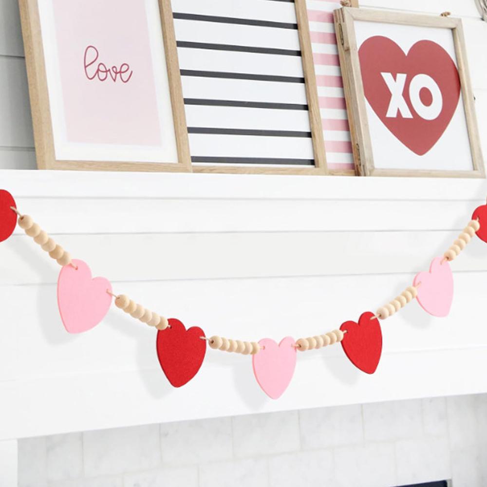 Valentines Day Decor Red Pink Felt Heart Wooden Bead Garland Decorative Romantic Hangings Ornaments