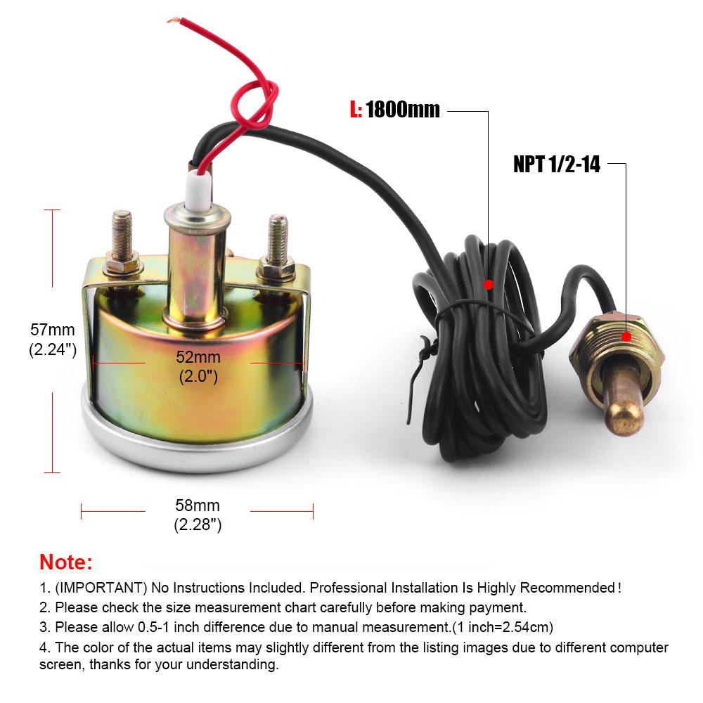 2" 52MM Mechanical 12V Water Temp Gauge 38-121℃/100-250℉ Water Temperature Gauge Car Meter With Sensor NPT 1/2-14