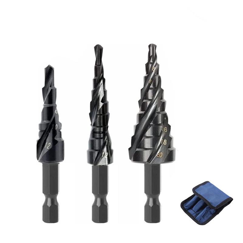 Spiral Groove Step Drill Black 3-piece Set Small 3-piece Straight Groove Triangular Handle Nitrided Pagoda Drill Step Drill Drilling