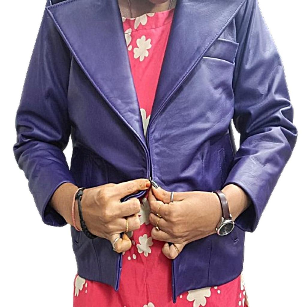 Women's Purple Solid Casual Tailored Leather Blazer, Women's Purple Two Button Closure Leather Blazer, Women's Purple Leather Coat.
