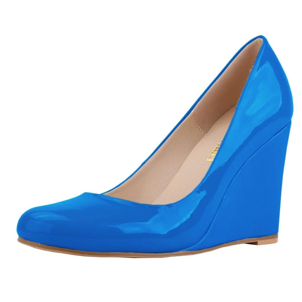 Women Wedge Pumps Autumn Pointed Toe Shallow Patent Leather High Heels Female Red Black Party Dress Wedding Shoes Large Size