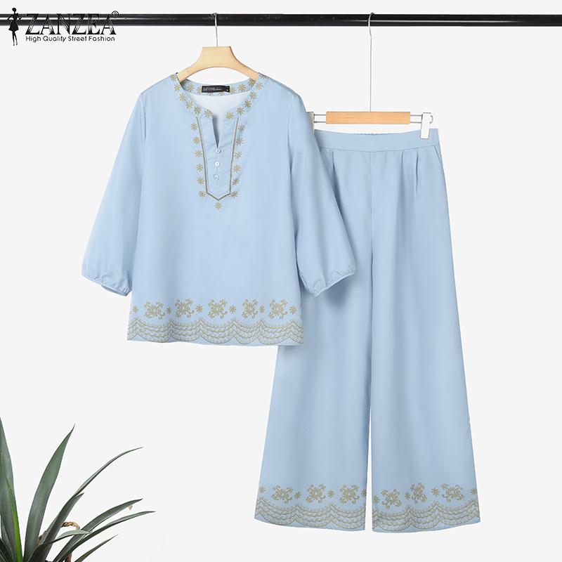 ZANZEA Женский повседневный комплект из двух частей: блузка с длинным рукавом и брюки с принтом