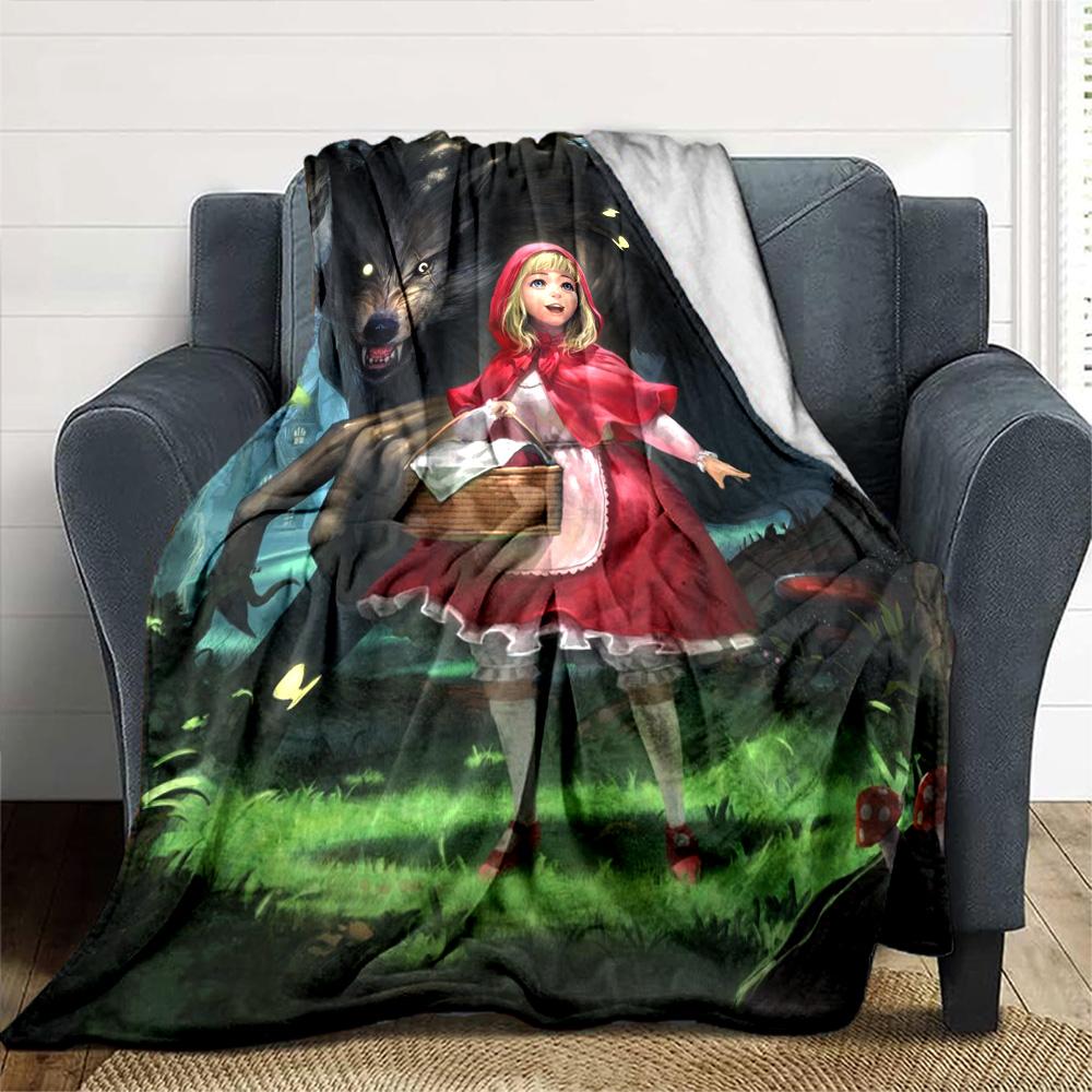 Little Red Riding Hood Big Wolf Dark Forest Fairy Tale Print Flannel Blanket Soft Warm Throw Blanket For Sofa Bedroom
