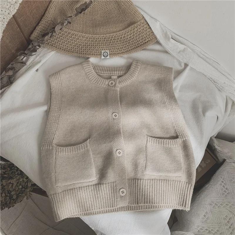 Forest Style Kids' Knitted Vest: Solid Color Versatile Sweater Cardigan for Boys & Girls - Perfect for Spring & Autumn Trends