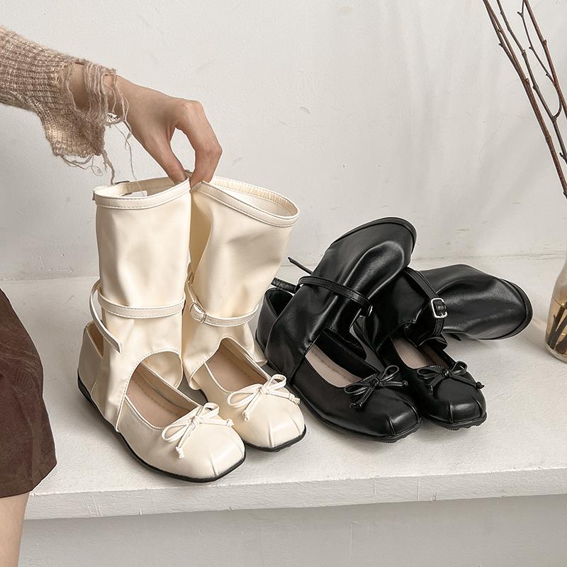 Лето 2025 Женские Ретро Квадратный Носок Бант Балетки Полые Средняя Труба Толстая Подошва Западные Сапоги Женская Женская Обувь Сандалии