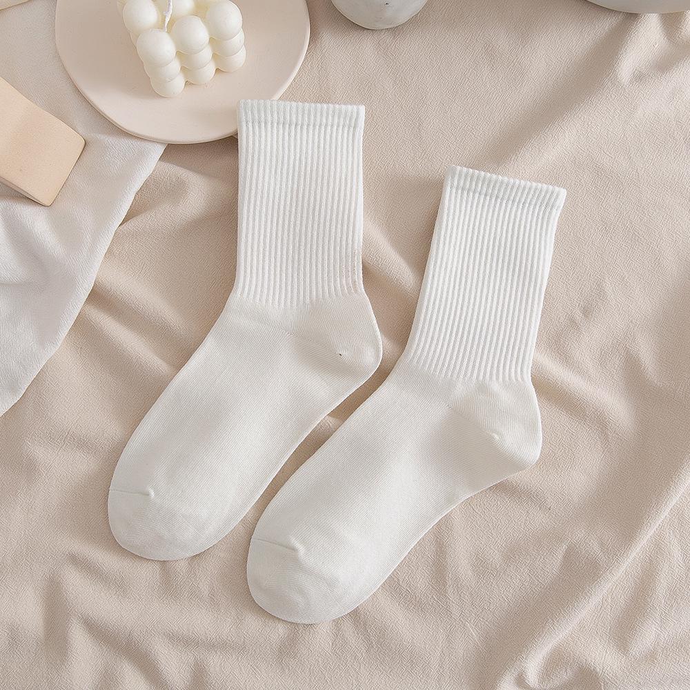 Кремово-белые вертикальные полосатые носки средней длины для женщин - весна/осень в японском стиле, универсальные однотонные носки JK