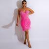 CQK2601 European-American Sexy Feather Dress with Rhinestones