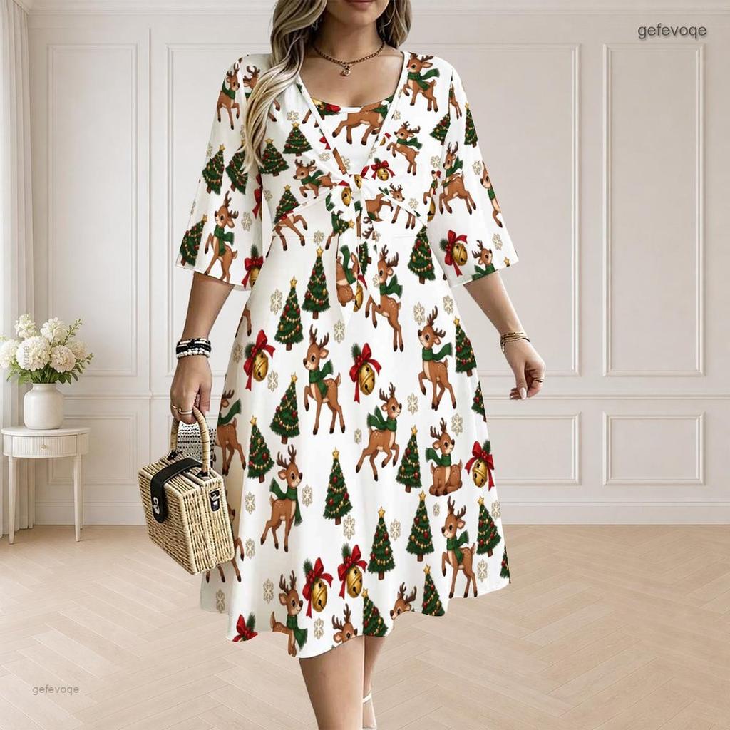 Women Plus Size 3 4 Sleeve Twist Front Nutcracker Print White Midi Dress