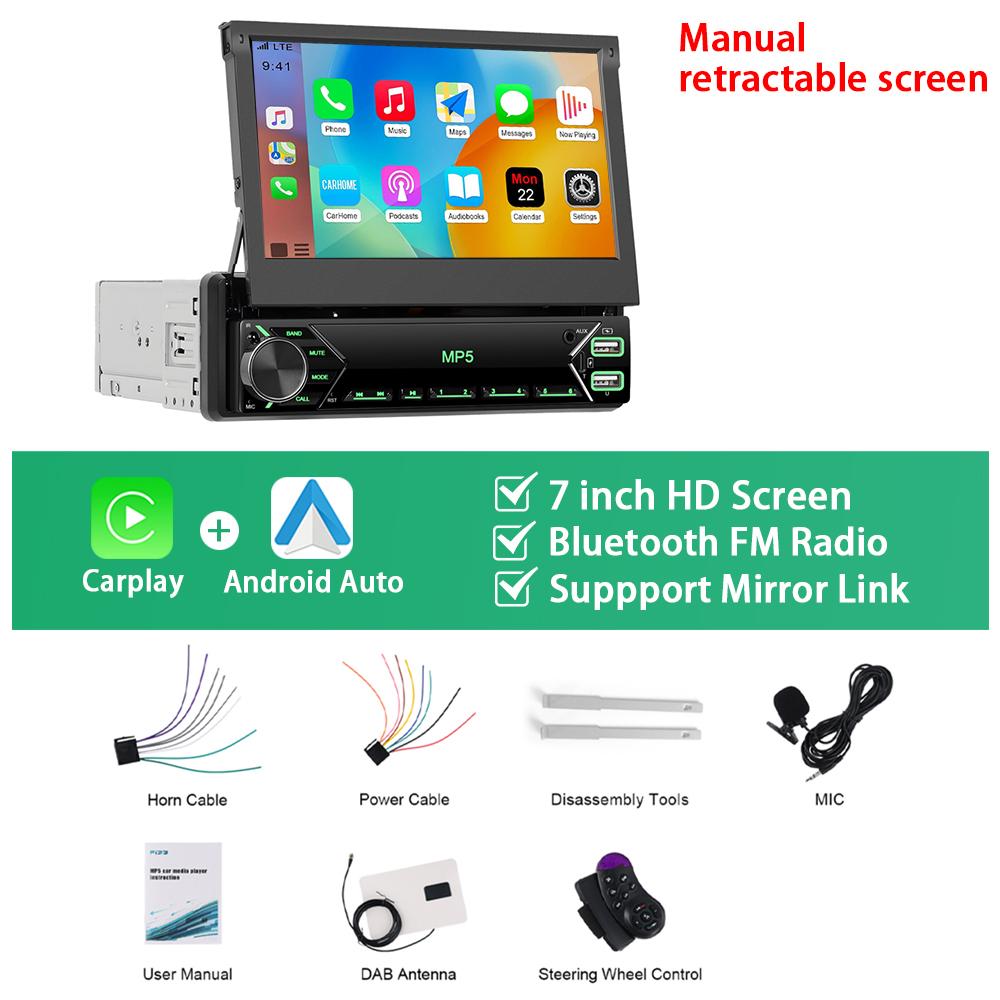 Podofo DAB+ 1Din 7'' MP5 Player Automatic/Manual Retractable Screen Multimedia Player Carplay Android Auto Type-C Car Stereo