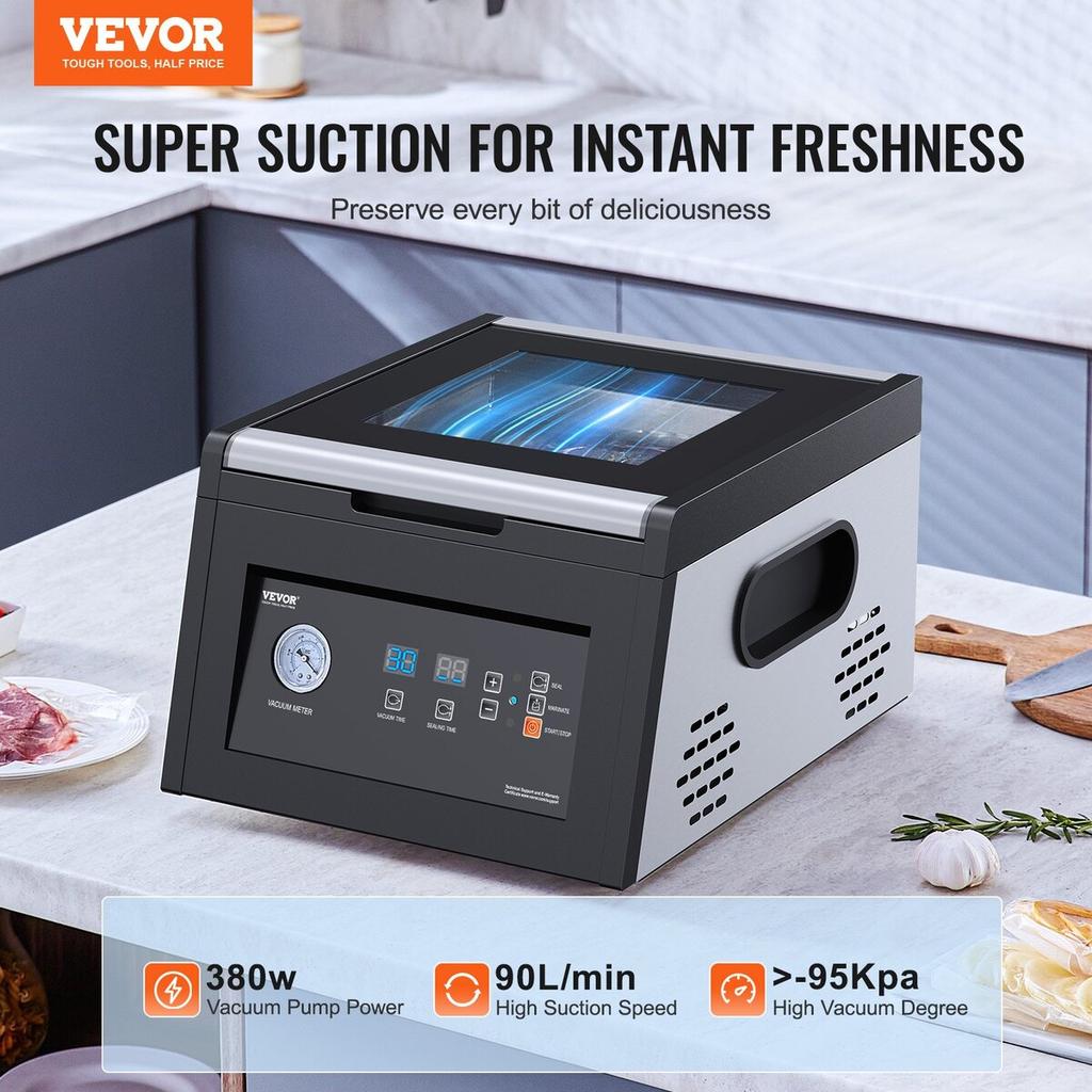 Chamber Vacuum Sealer, 380W Vacuum Pump Power, Sealing Bag Packing Machine for Wet Foods, Meat, Compact Design with 290 mm Sealing Length, Ideal