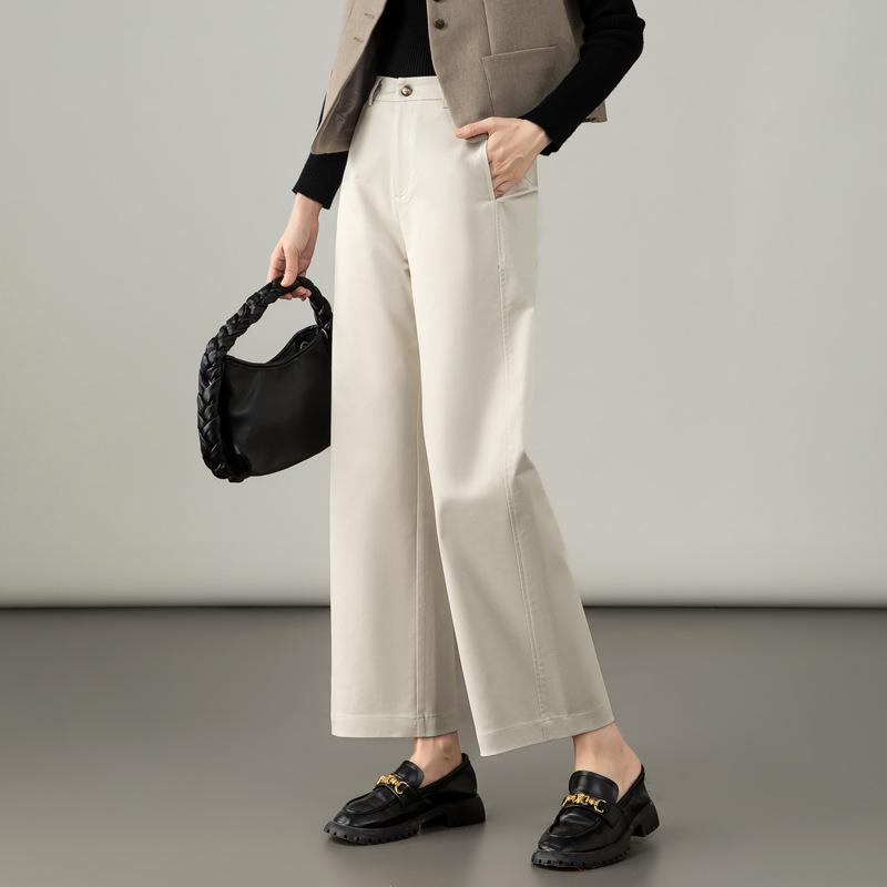 Женские брюки из лиоцелла и хлопка темно-синего цвета на осень 2025 года - с высокой посадкой, облегающие, повседневного прямого кроя