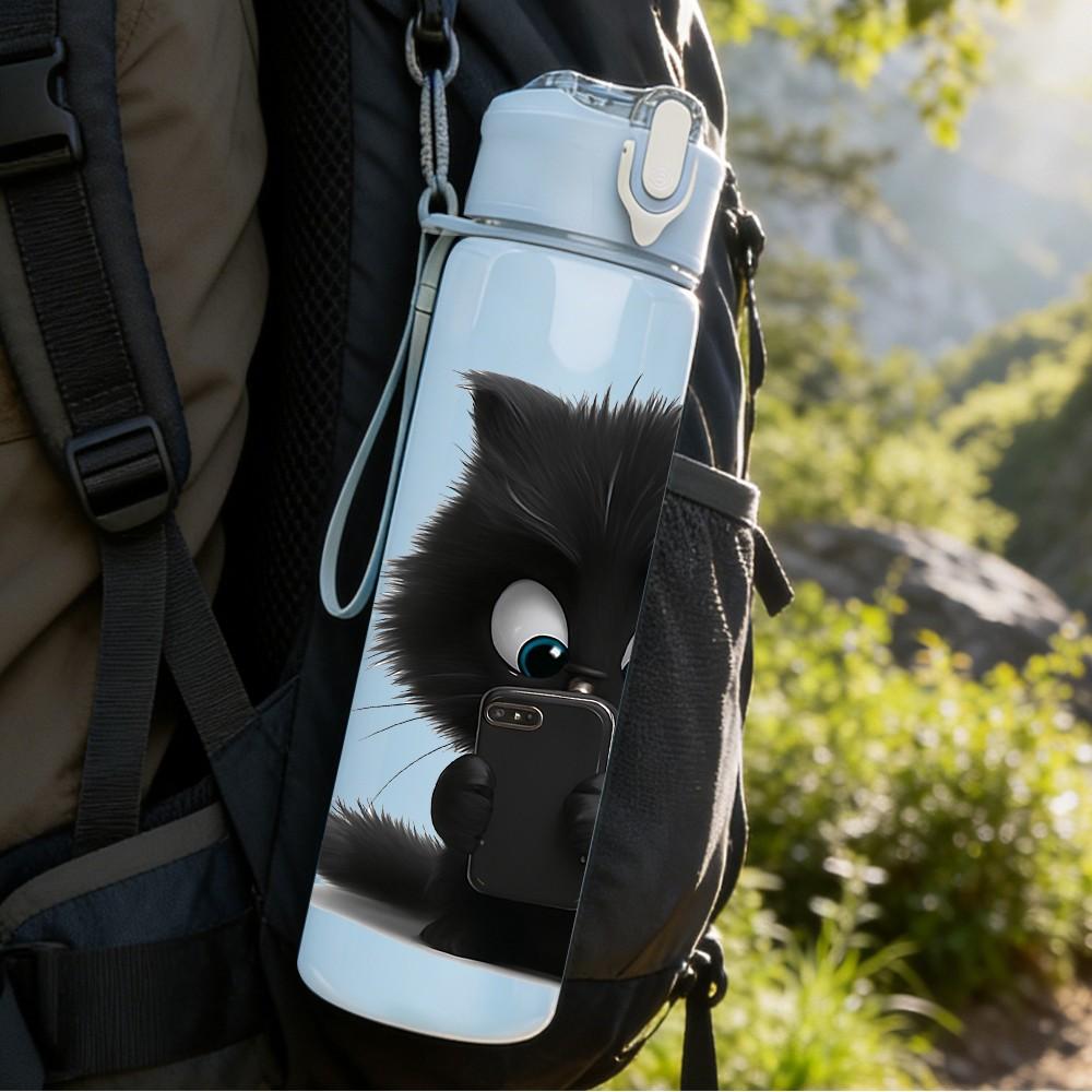 1PC Fluffy Black Cat Cartoon Print 750ml Color Plastic Sports Water Bottle Leakproof Flip Straw Lid Suitable for Sports Office Home Use