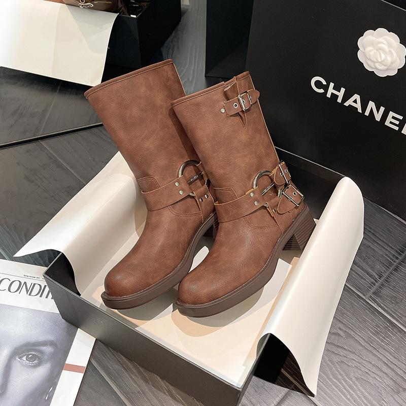 Ботинки из натуральной кожи женские до середины голени с металлической пряжкой дизайнерские женские ботильоны в стиле ретро на толстом каблуке и платформе Botines