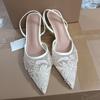 Fashion Brand Designer High Heels Women Wedding Shoes Pearl Embroider Flower Mesh Back Strap Summer Slingbacks Elegant Ladies Sandals