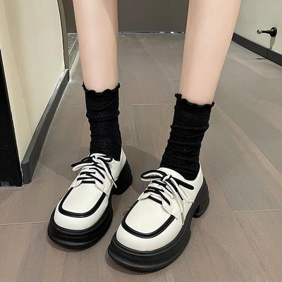 Контрастные черные и белые лоферы, женские туфли на шнуровке, увеличивающие рост, толстая подошва, дышащие туфли Мэри Джейн, женская обувь