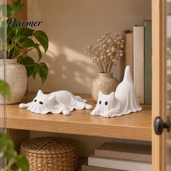 Halloween Yard Ornaments 3D Printed Ghost Cat Figurine, Cute Animal Statue, Statue Pleated Ornament for Home Desktop and Bookshelf Decoration