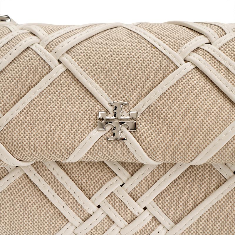 Tory Burch Kira Woven Leather Trim Chain Shoulder Strap Canvas Crossbody Mini Bag Women bags White 154831-250