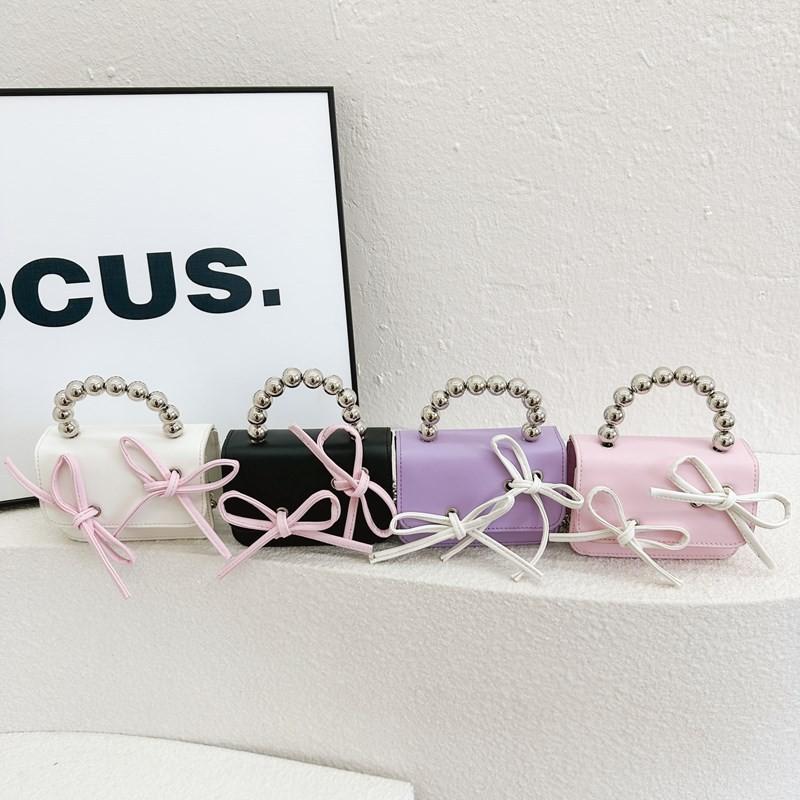 Cute Color-block Kids Shoulder Bag Mini Beaded Child Bag Fashion Bow Children Crossbody Bag Pink