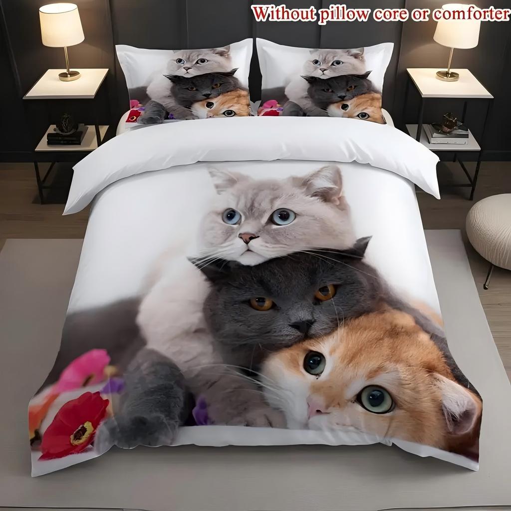 Милый Постельный Комплект с 3D-принтом Трех Котят для Ребенка Подростка Взрослого Животный Стиль Пододеяльник Мягкий Удобный Домашний Полиэстеровый Чехол для Одеяла