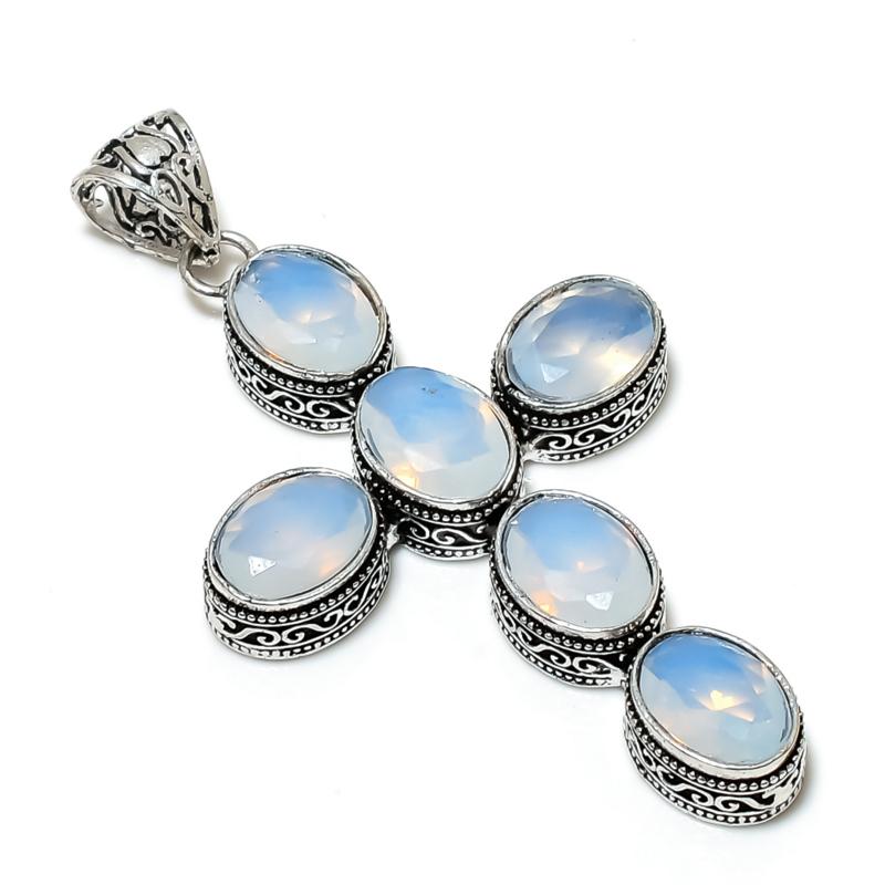 Кулон с молочным опалом из серебра 925 пробы - Ручная работа, Дизайн креста, Ювелирное украшение для повседневной носки, Уникальный кулон с молочным опалом, Свадебные подарки