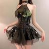 Anime Little Devil Sexy Glossy PU Halter Tie-Front Sheer Mini Skirt Set Mesh Paneled Puffy Skirt Dark Game Uniform Set