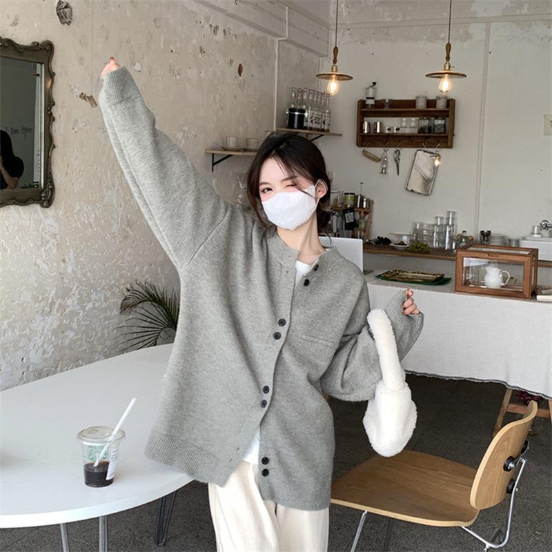 Женский вязаный кардиган с круглым вырезом на осень и зиму, ленивый стиль, большая версия, свободный, однотонный, высококачественное пальто