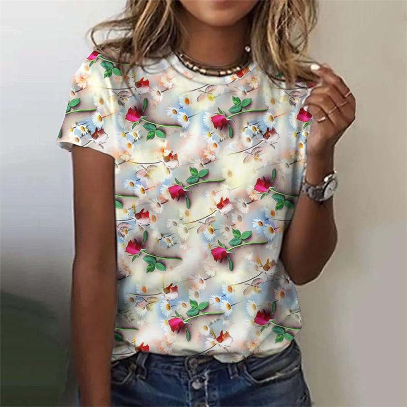 Flower Rose T Shirt For Women Funny Colorful 3D Printed Tees Summer Oversized Tops Short Sleeves Round Neck T-Shirts Streetwear