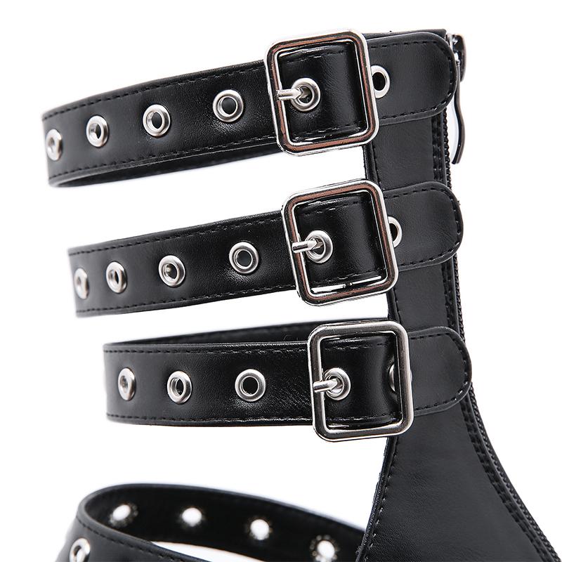 Летние сандалии-гладиаторы, женские металлические заклепки, уличная одежда в стиле панк, на танкетке и квадратном каблуке, на платформе, с пряжкой на щиколотке и ремешком, высокое качество