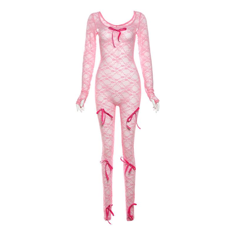 Spring Women's Sexy See-Through Hollow Out High Waist Jacquard Tight Long Sleeve Lace Jumpsuit