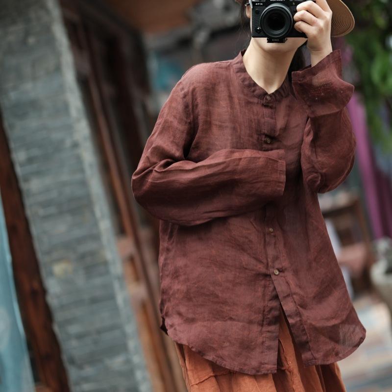 Johnature Осенняя женская винтажная льняная свободная однобортная рубашка, однотонная рубашка с круглым вырезом и длинными рукавами с принтом