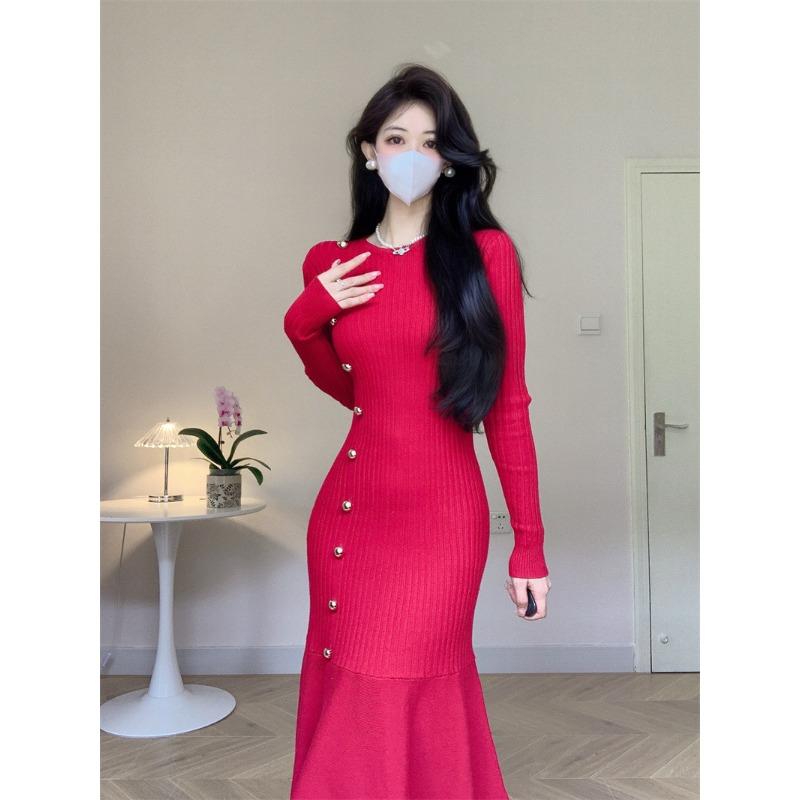 Осеннее женское платье-хепберн с круглым вырезом и талией, трикотажное платье-рыбий хвост