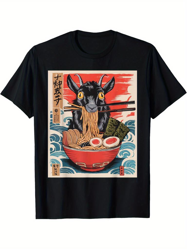Графическая футболка Ukiyo E с козой, поедающей рамен, в японском стиле, мужская, повседневная, с коротким рукавом, хлопковая