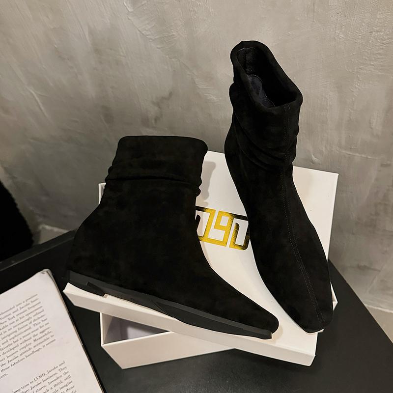 Ботильоны на плоской подошве из замши, теплые женские туфли, зимние брендовые повседневные туфли с квадратным носком, челси 2025 года, трендовые зимние ботинки на низком каблуке Mujer Zapatos