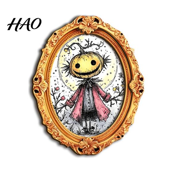 Holiday Fridge Magnet Halloween Wooden Frame Refrigerator Magnet, Retro Oval Room Decor Pumpkin Ghost Magnetic Decoration for Kitchen Party Favors