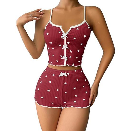 2 Pcs/Set Women Vest Shorts Suit Bow Heart Print Sleeveless Shirring Top High Waist Short Trousers Homewear Loungewear Outfit Summer Sleepwear