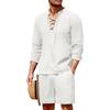 2 Pieces Men's Cotton Linen Set Summer Beach Outfit Henley Yoga Lace Up Long Sleeve Shirt and Short Hawaiian Shirts Summer