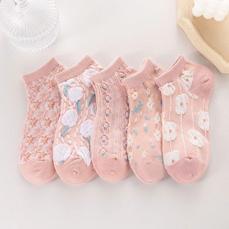 5Pairs Women Cotton Socks Cute Print Princess Two-dimensional Fashion Socks Striped Plaid Ladies Spring Summer Socks