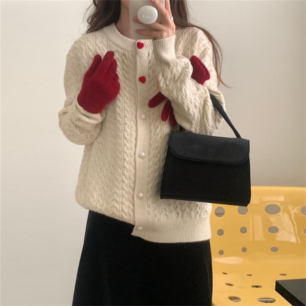Autumn and Winter Women's Sweater Round Neck Love Button Fried Dough Twists Knitted Cardigan