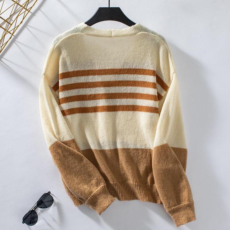 Vintage Stripe Cardigan Sweater Loose Knitwear Long Sleeve V-Neck Top Autumn Winter