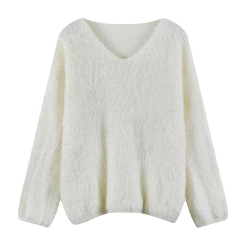 Winter Women's Clothing Knitted Sweater Soft Sticky V-neck Pullover Top Long Sleeve O Neck Loose Mink Fur Pullovers
