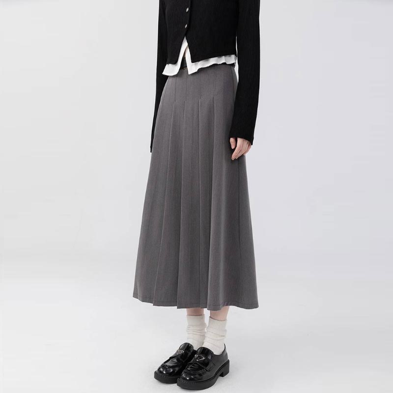 Grey Pleated Skirt for Women Autumn Preppy Style High Waist A Line Mid-length Skirts Vintage Casual Female Clothing