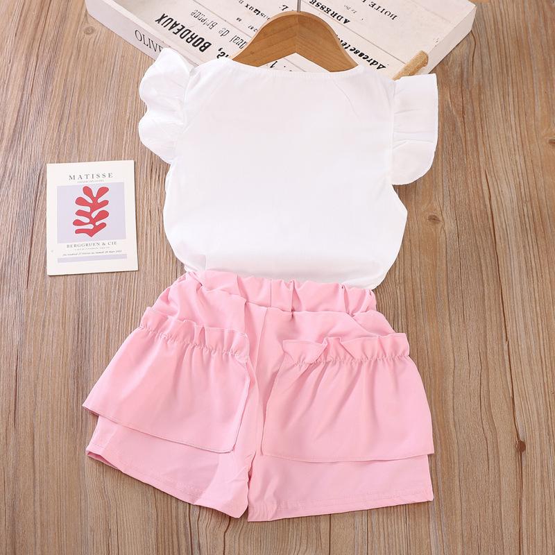 Girls' New Summer Outfit Stylish Children's Flying Sleeve Thin T-shirt Shorts Set