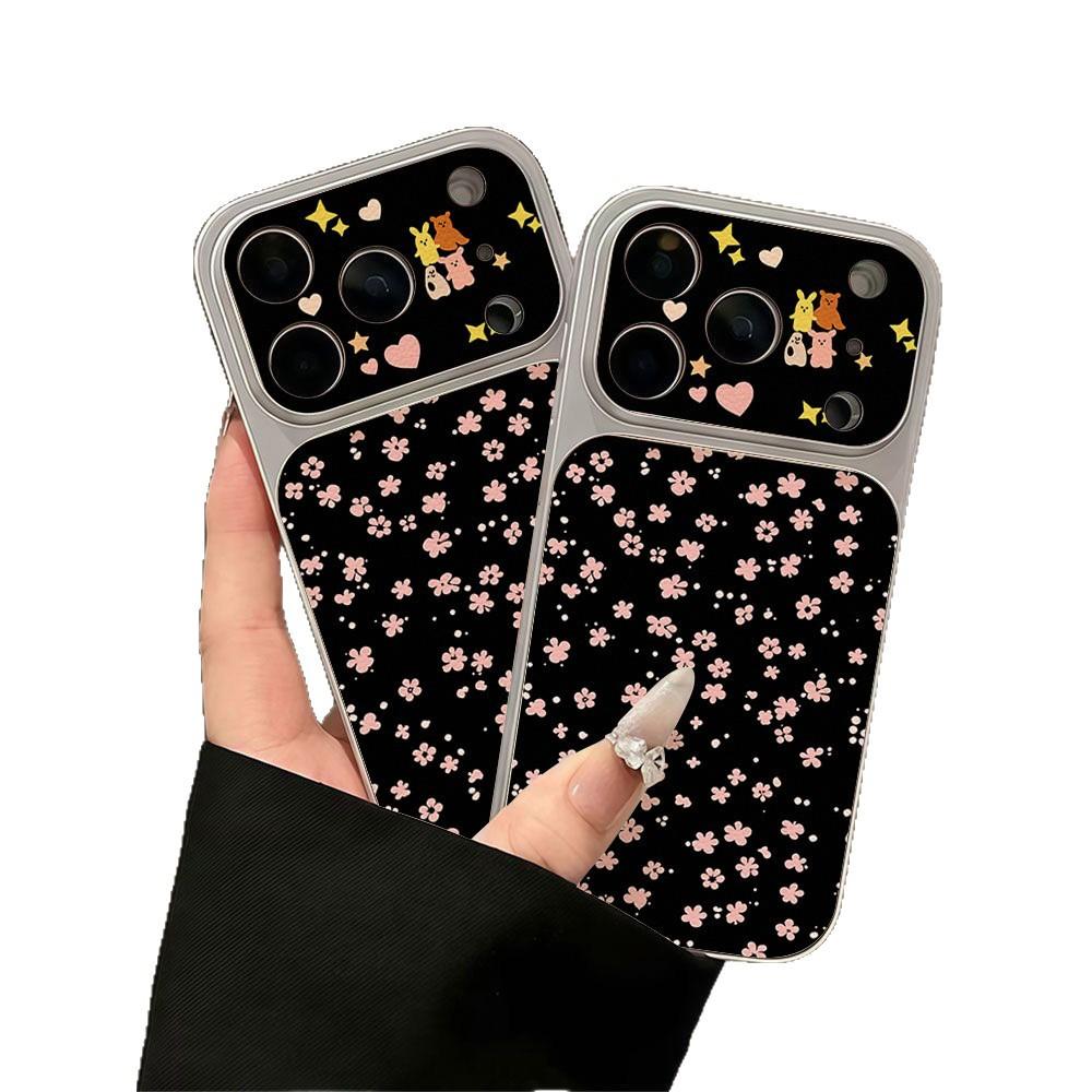 Корейский ins черный фон розовый цветочный подходит для Apple 17/16/15/14pro чехол для мобильного телефона из кожи ягненка 12/13